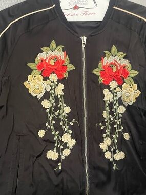 Black Embroidered Floral Bomber Jacket - Red & Cream Accents